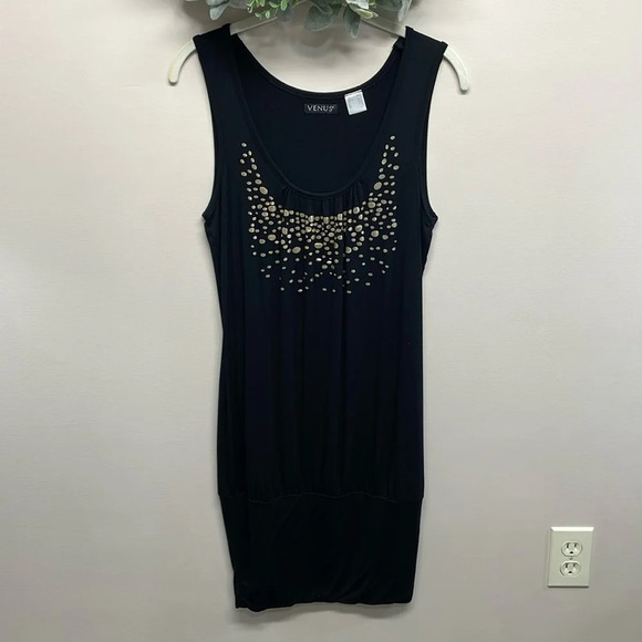 Venus Black Sleeveless Tank Dress Wide Bottom Band Gold Metallic Details S - Picture 1 of 16